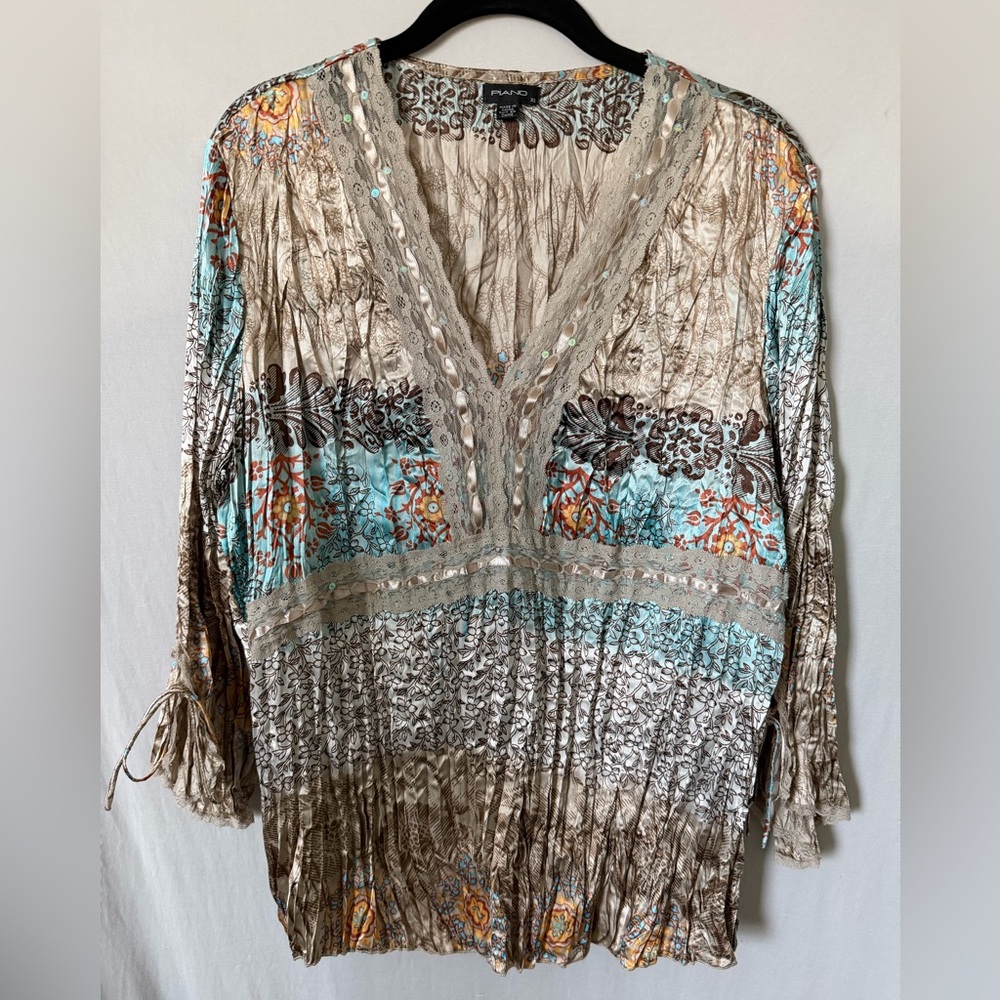 Sequin-Trim Boho V-Neck Tunic in Aqua and Taupe